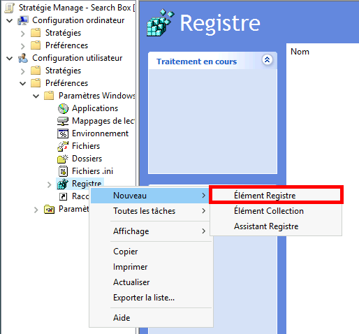 Capture d'écran de la gestion des stratégies de groupe montrant l'option de création d'un nouvel élément de registre dans les préférences de configuration de l'utilisateur.