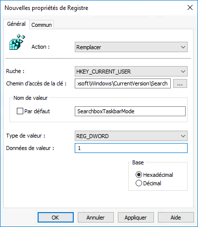 Screenshot of the New Registry Properties dialog in Group Policy, configuring the SearchboxTaskbarMode registry setting.