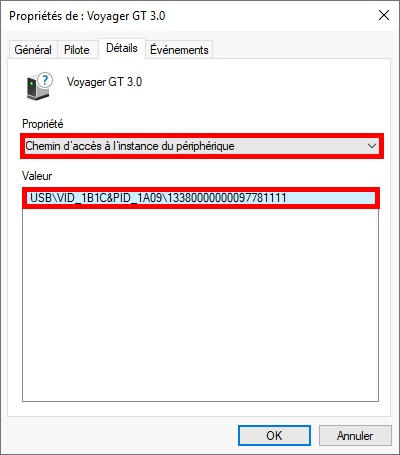 Capture d'écran des propriétés d'un périphérique USB Voyager GT 3.0 dans le Gestionnaire de périphériques Windows, affichant le chemin d'accès à l'instance du périphérique avec la valeur 'USB\VID_1B1C&PID_1A09\13380000000097781111' mise en évidence.