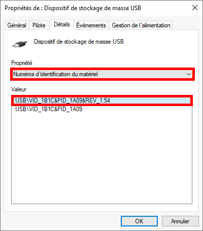 Capture d'écran des propriétés d'un dispositif de stockage USB dans le Gestionnaire de périphériques Windows, affichant les numéros d'identification du matériel avec la valeur 'USB\VID_1B1C&PID_1A09&REV_1A54' mise en évidence.