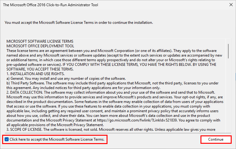 Fenêtre du contrat de licence de Microsoft Office Deployment Tool avec la case d’acceptation et le bouton Continue mis en évidence