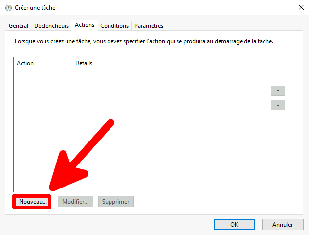  Fenetre Creer une tache dans le Planificateur de taches Windows avec le bouton Nouveau pour ajouter une nouvelle action mis en evidence