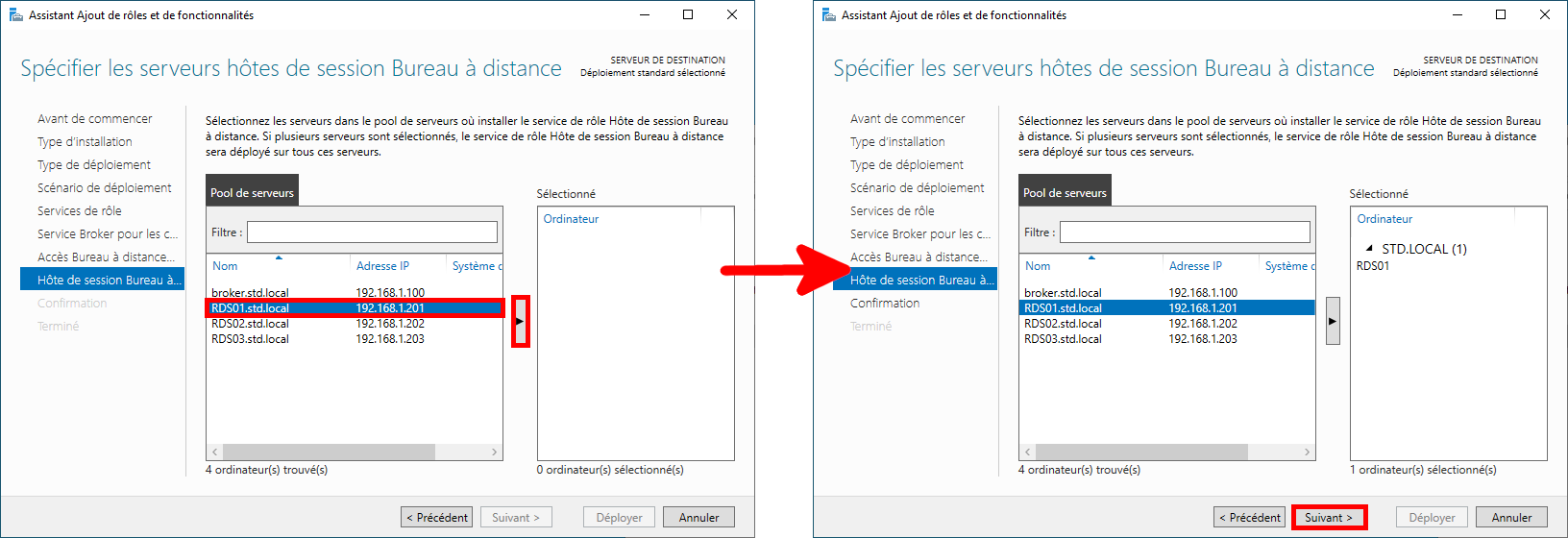 Capture d'écran de l'assistant d'ajout de rôles et de fonctionnalités, montrant la sélection des serveurs hôtes de la session Bureau à distance, avec une flèche indiquant le serveur en cours d'ajout et le bouton « Suivant » en surbrillance.