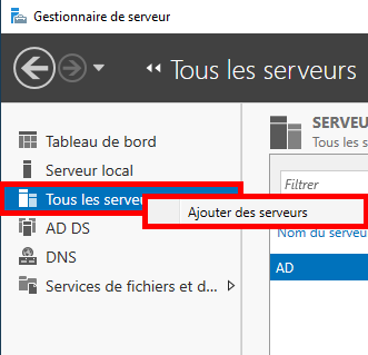 Capture d'écran de l'interface du Gestionnaire de serveur montrant l'option d'ajout de serveurs dans le menu « Tous les serveurs ».