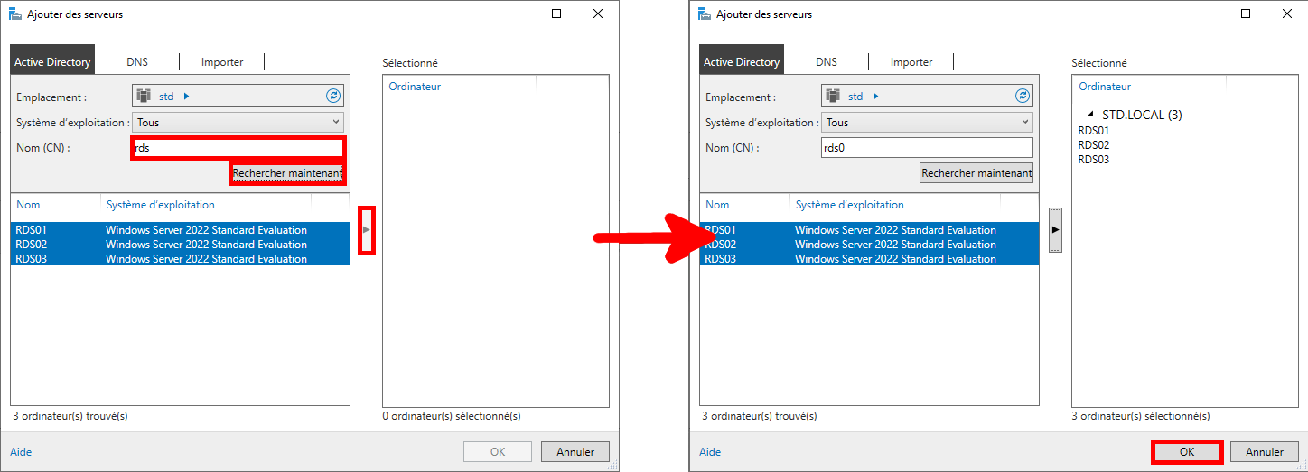 Capture d'écran montrant le processus d'ajout de serveurs à partir d'Active Directory dans le Gestionnaire de serveur, y compris la sélection et le déplacement de serveurs dans la liste sélectionnée.