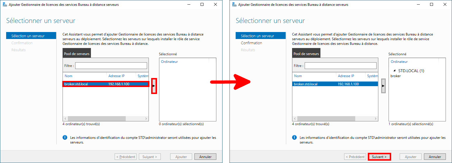 Capture d'écran de l'assistant d'ajout de gestionnaire de licence pour Remote Desktop Services, montrant la sélection d'un serveur dans le pool, avec une flèche indiquant le serveur en cours d'ajout et le bouton « Suivant » en surbrillance.