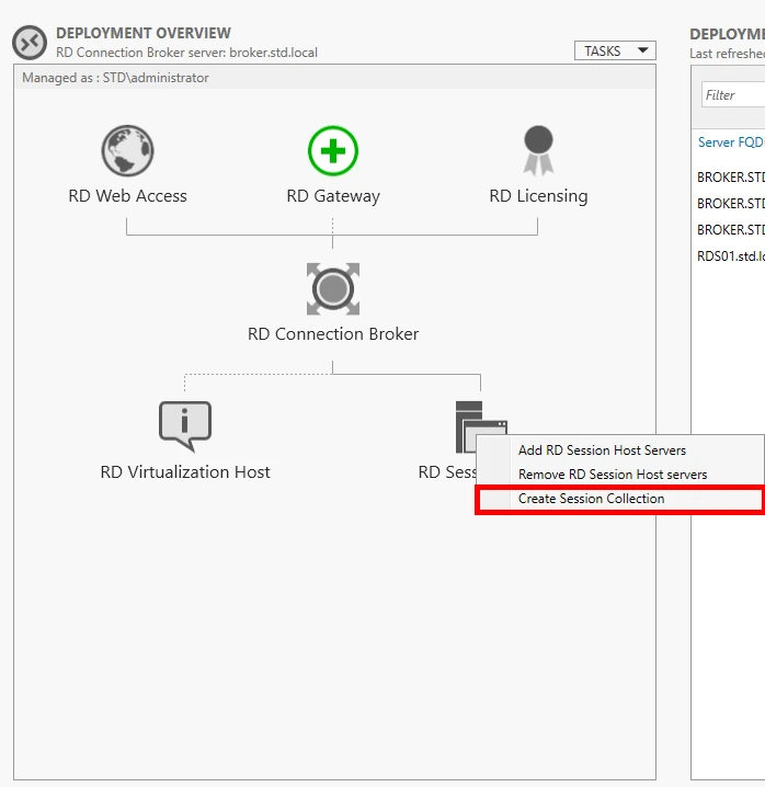 Screenshot of the Remote Desktop Services deployment overview, highlighting the option to 'Create Session Collection' in the RD Session Host section.