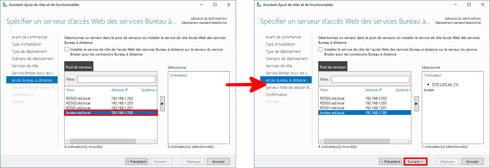 Capture d'écran de l'assistant d'ajout de rôles et de fonctionnalités, montrant la sélection du serveur pour le rôle Remote Desktop Web Access, avec une flèche indiquant le serveur en cours d'ajout et le bouton « Suivant » en surbrillance.