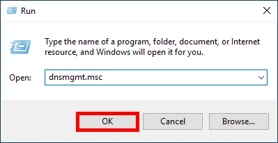 Screenshot of the Windows 'Run' dialog box with 'dnsmgmt.msc' entered, and the 'OK' button highlighted.