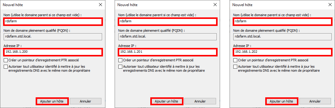 Capture d'écran de la boîte de dialogue « Nouvel hôte » dans le gestionnaire DNS, montrant la configuration de plusieurs adresses IP pour « rdsfarm.std.local », avec le bouton « Ajouter un hôte » en surbrillance.