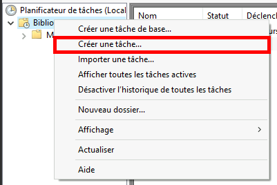 Interface du planificateur de tâches de Windows mettant en évidence l'option « Créer une tâche » dans le menu contextuel.