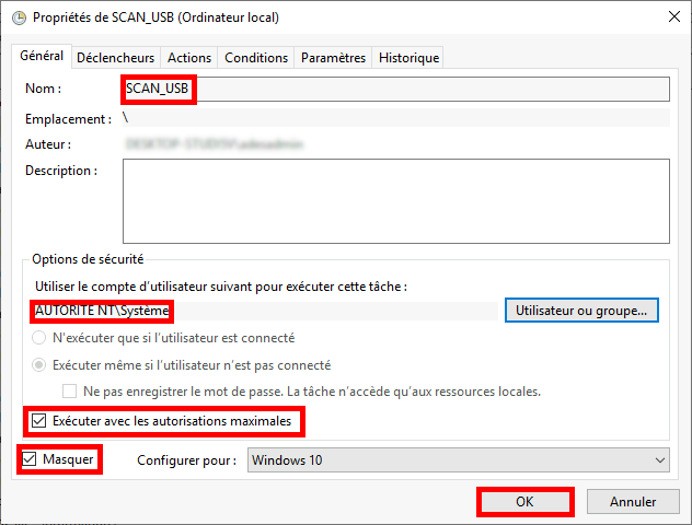 Fenêtre « Créer une tâche » du planificateur de tâches de Windows affichant les paramètres de configuration tels que le nom de la tâche, le compte d'utilisateur et les options d'exécution avec les privilèges les plus élevés et de masquage de la tâche.