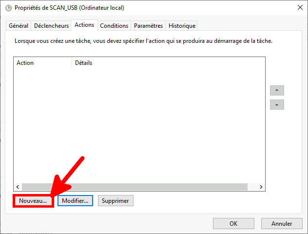 Fenêtre « Créer une tâche » du planificateur de tâches Windows mettant en évidence le bouton « Nouveau » dans l'onglet Actions pour spécifier une action pour la tâche.