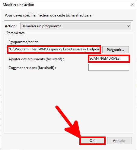 Fenêtre « Nouvelle action » du planificateur de tâches de Windows montrant la configuration d'une tâche pour lancer un programme avec des arguments spécifiques, comme une analyse antivirus de Kaspersky pour les disques amovibles.