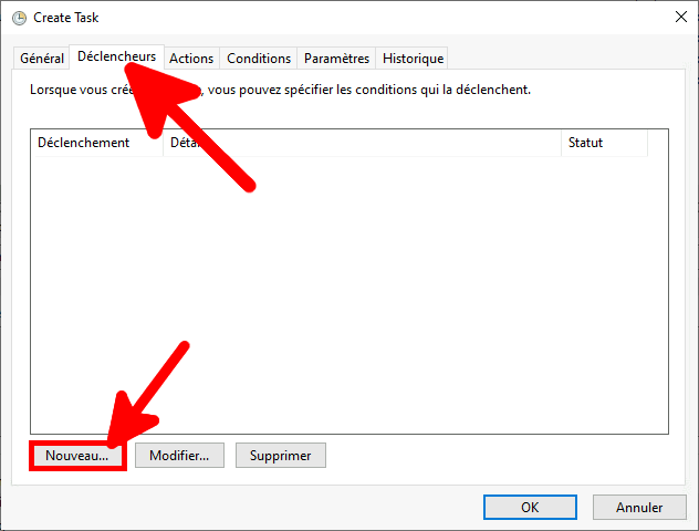 La fenêtre « Créer une tâche » du planificateur de tâches de Windows met en évidence l'onglet « Déclencheurs » et le bouton « Nouveau » pour définir un nouveau déclencheur pour la tâche.