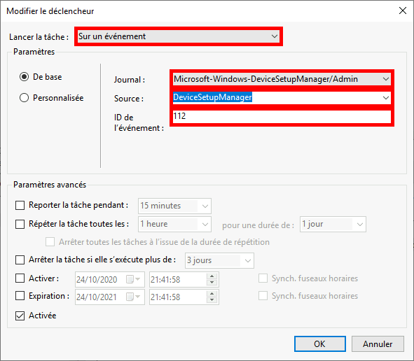 Fenêtre « Nouveau déclencheur » du planificateur de tâches de Windows montrant la configuration pour le déclenchement d'une tâche sur un événement, avec des détails tels que le journal, la source et l'ID de l'événement fixé à 112.