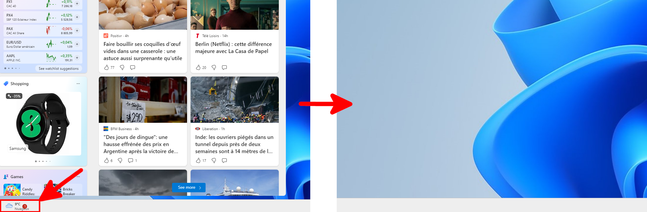 Comparaison du bureau Windows 11 avant et après la désactivation des widgets dans la barre des tâches.