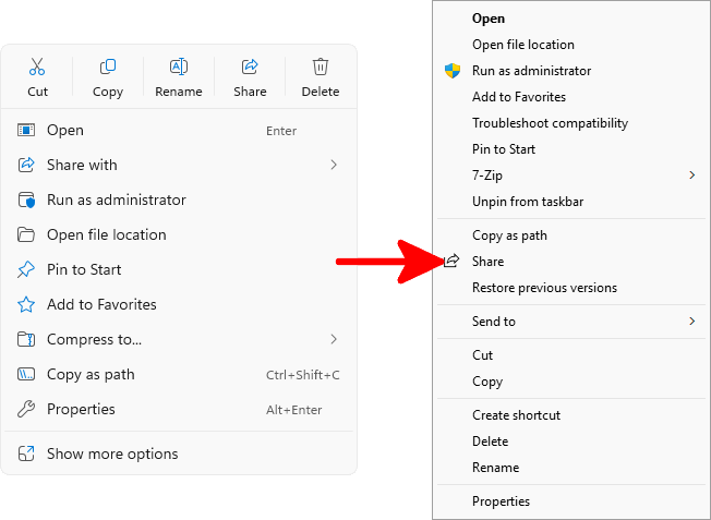 Comparaison entre le menu contextuel par défaut de Windows 11 et l’ancien menu contextuel de style Windows 10.