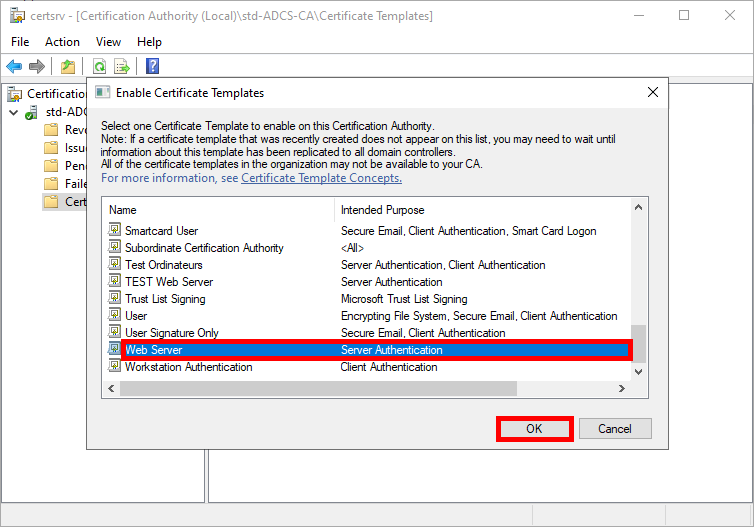 Dialogue d'activation des modèles de certificats dans Windows ADCS avec le modèle Serveur Web sélectionné pour l'authentification du serveur