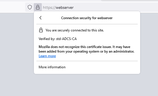 Message de sécurité de connexion Firefox montrant une connexion sécurisée au serveur web avec un certificat émis par std-ADCS-CA