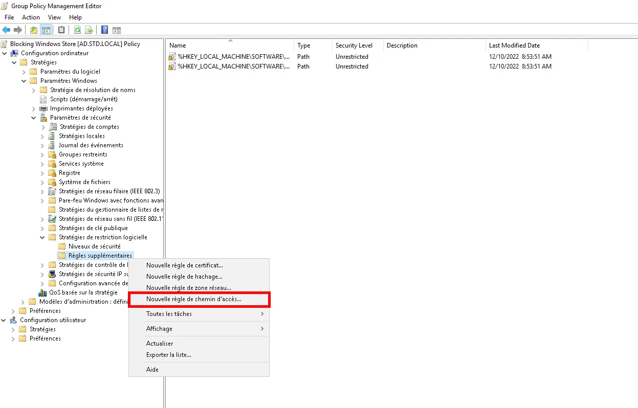 Ajouter une nouvelle règle de chemin d'accès dans les stratégies de restriction logicille