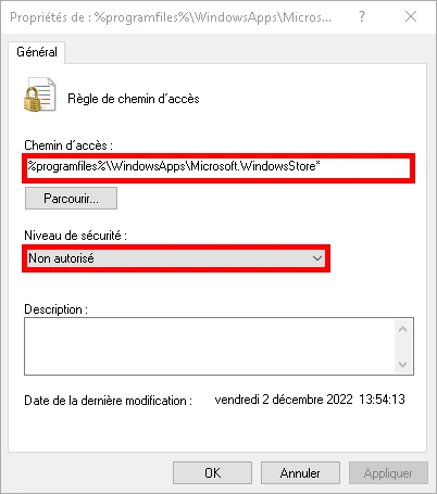 Création d’une règle SRP de chemin d’accès pour bloquer le Microsoft Store