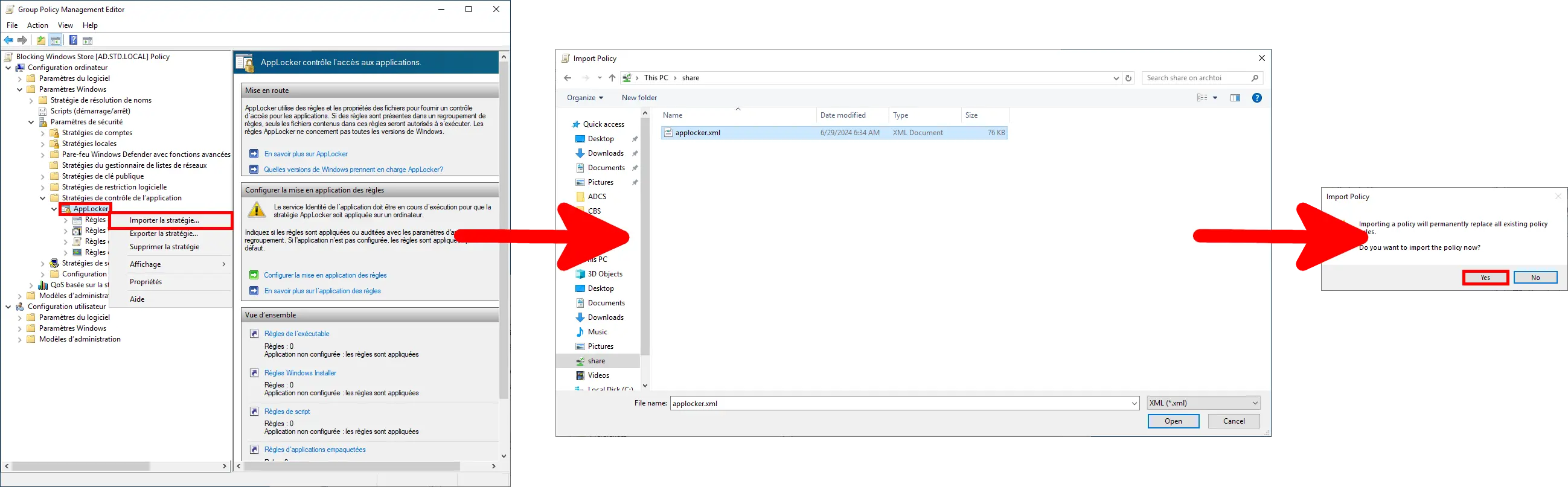 Importation de la stratégie XML AppLocker dans la GPO