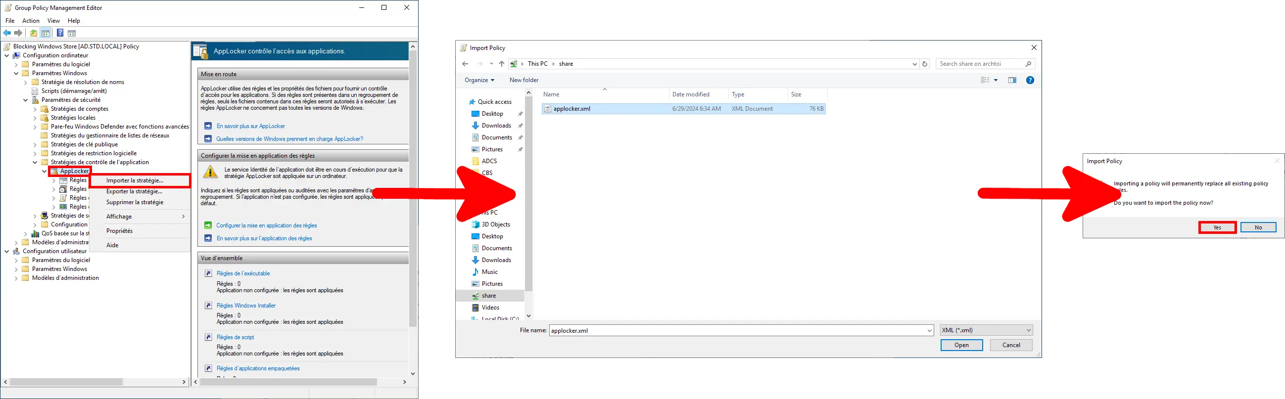 Capture d'écran montrant l'Éditeur de gestion des stratégies de groupe avec les paramètres AppLocker sélectionnés et l'option de menu contextuel 'Importer une politique' surlignée. Une flèche pointe vers la boîte de dialogue d'ouverture de fichier à droite, où 'applocker.xml' est sélectionné, et une autre flèche pointe vers une boîte de dialogue de confirmation demandant 'Voulez-vous importer la politique maintenant ?' avec le bouton 'Oui' surligné.