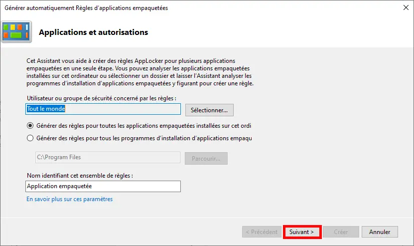 Capture d'écran de l'assistant Générer automatiquement les règles des applications empaquetées.