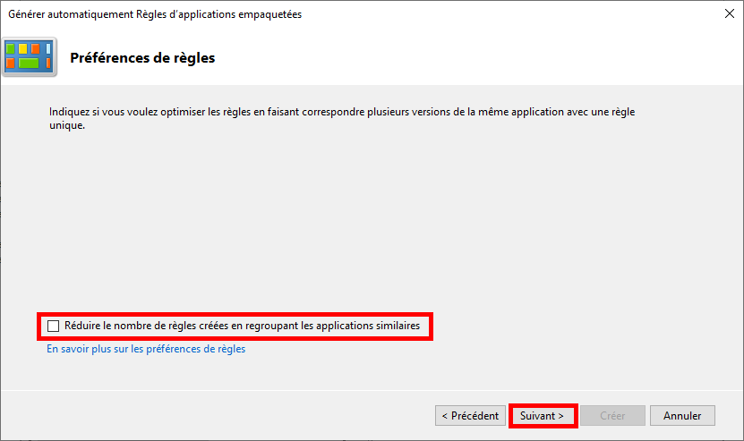 Désactivation du regroupement des règles dans l’assistant AppLocker