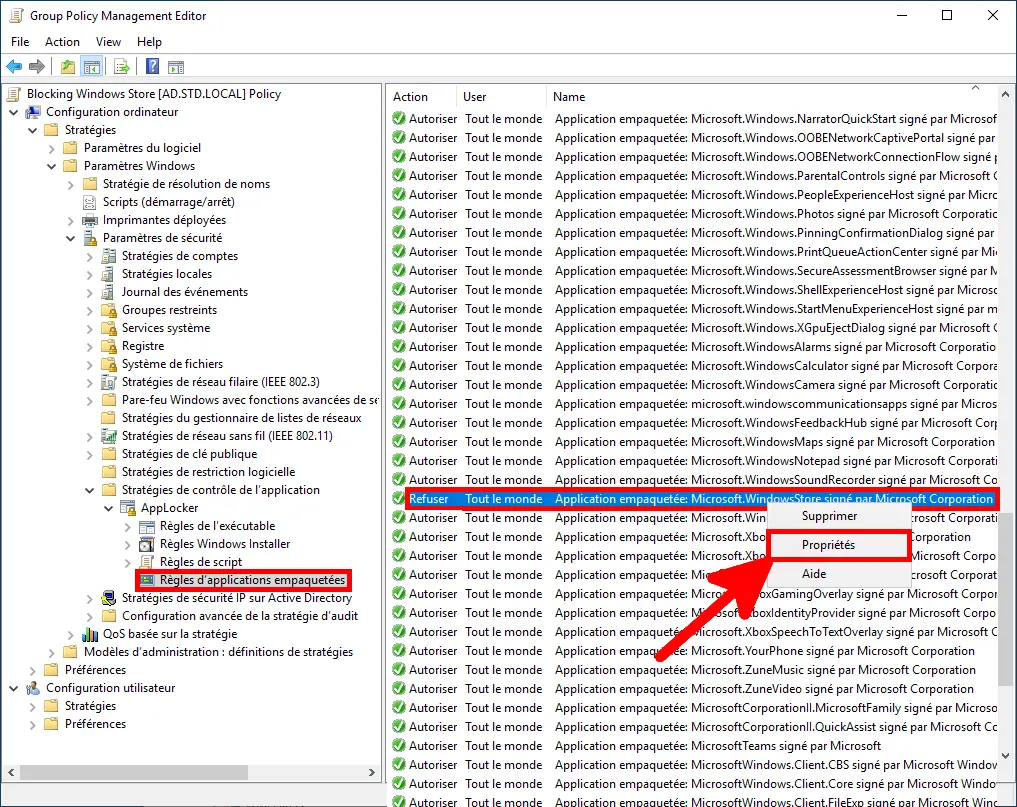 Ouverture des propriétés de la règle AppLocker du Microsoft Store