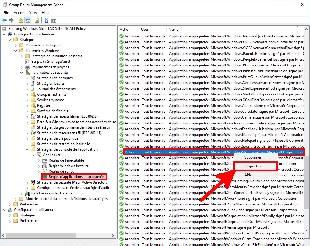 Capture d'écran montrant l'Éditeur de gestion des stratégies de groupe avec les règles des applications empaquetées sous AppLocker sélectionnées. Une règle spécifique pour 'Microsoft.WindowsStore' est surlignée, et une flèche pointe vers le menu contextuel où 'Propriétés' est sélectionné.