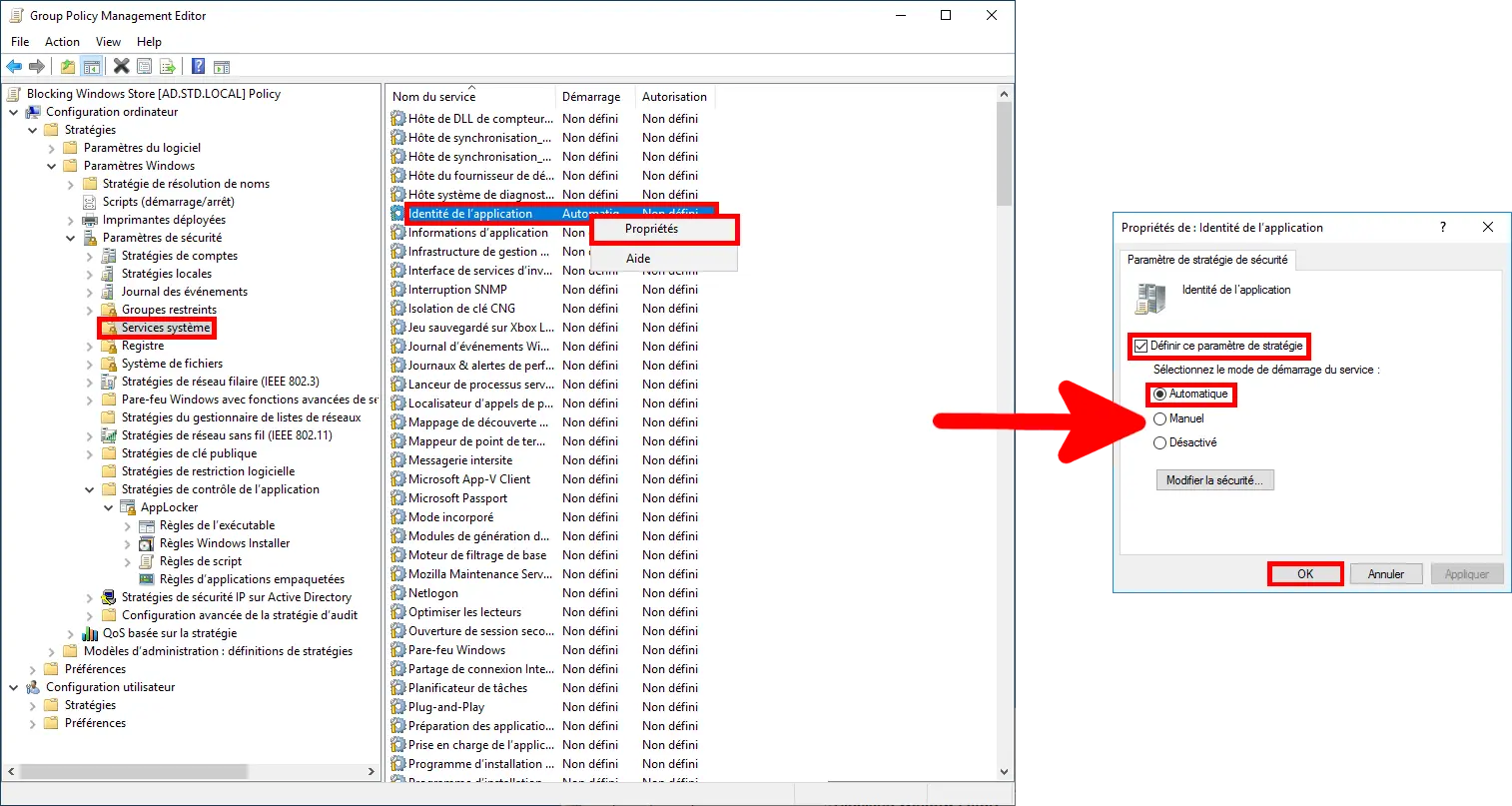 Configuration du démarrage automatique du service Identité de l’application pour AppLocker