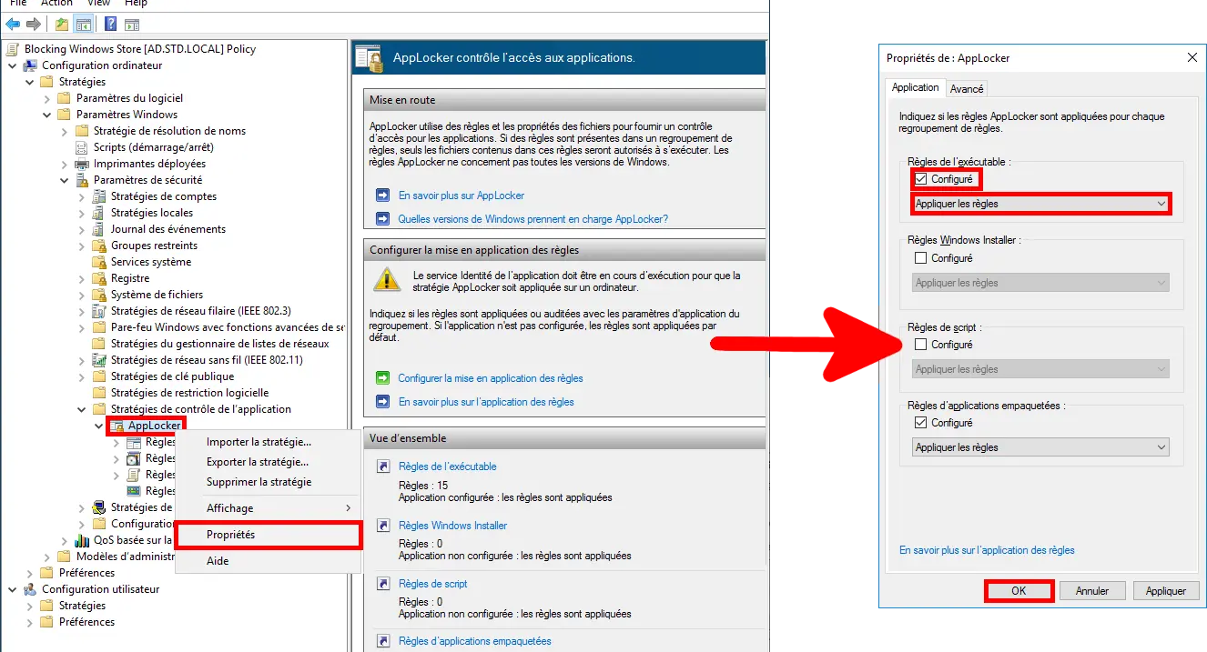 Capture d'écran montrant l'Éditeur de gestion des stratégies de groupe avec AppLocker sous Politiques de contrôle des applications sélectionné et l'option de menu contextuel 'Propriétés' surlignée. Une flèche pointe vers la boîte de dialogue Propriétés d'AppLocker où 'Configuré' est coché pour les règles exécutables et 'Appliquer les règles' est sélectionné, ainsi que pour les règles des applications empaquetées. Le bouton OK est surligné.