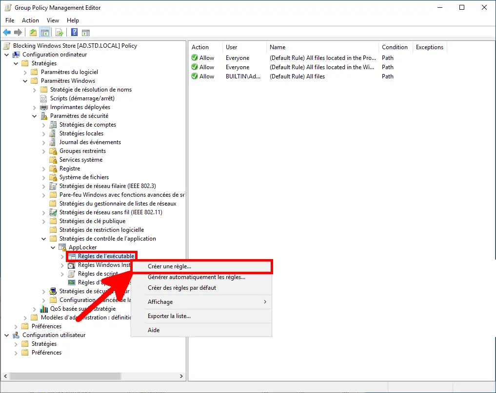 Capture d'écran montrant l'Éditeur de gestion des stratégies de groupe avec les Règles exécutables sous AppLocker sélectionnées et l'option de menu contextuel 'Créer une règle' surlignée. Les règles par défaut pour les fichiers exécutables sont affichées dans le volet de droite.