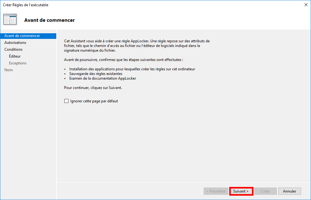 Démarrage de l’assistant de création d’une règle AppLocker pour un exécutable