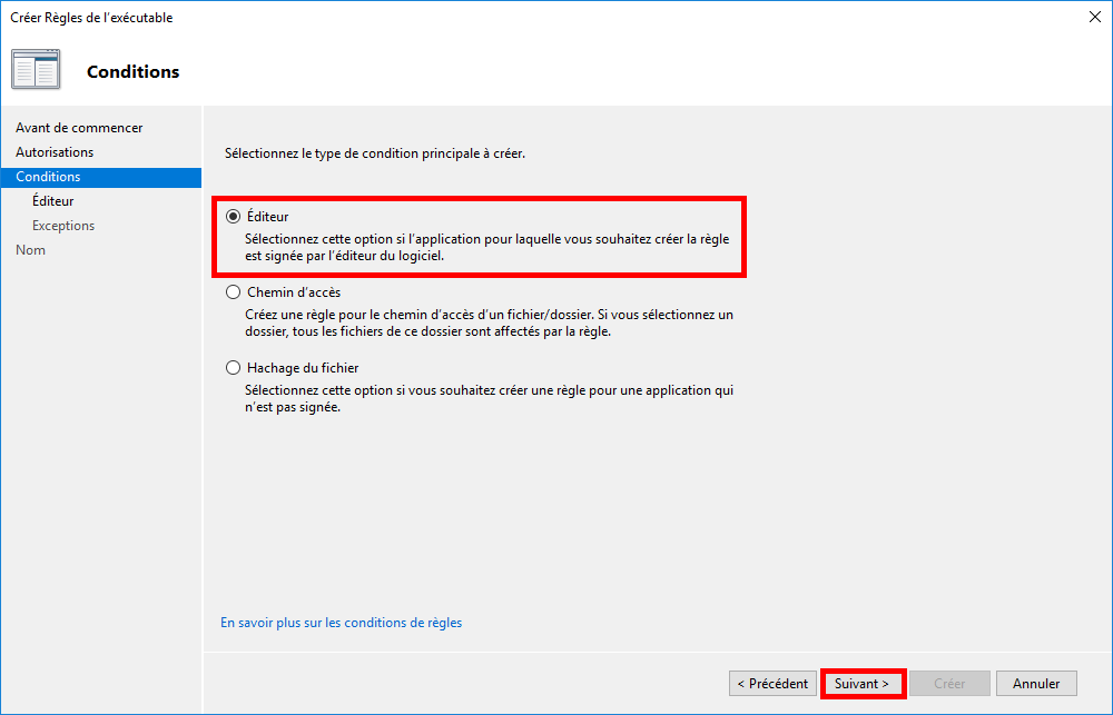 Sélection de la condition Éditeur pour la règle AppLocker de l’exécutable