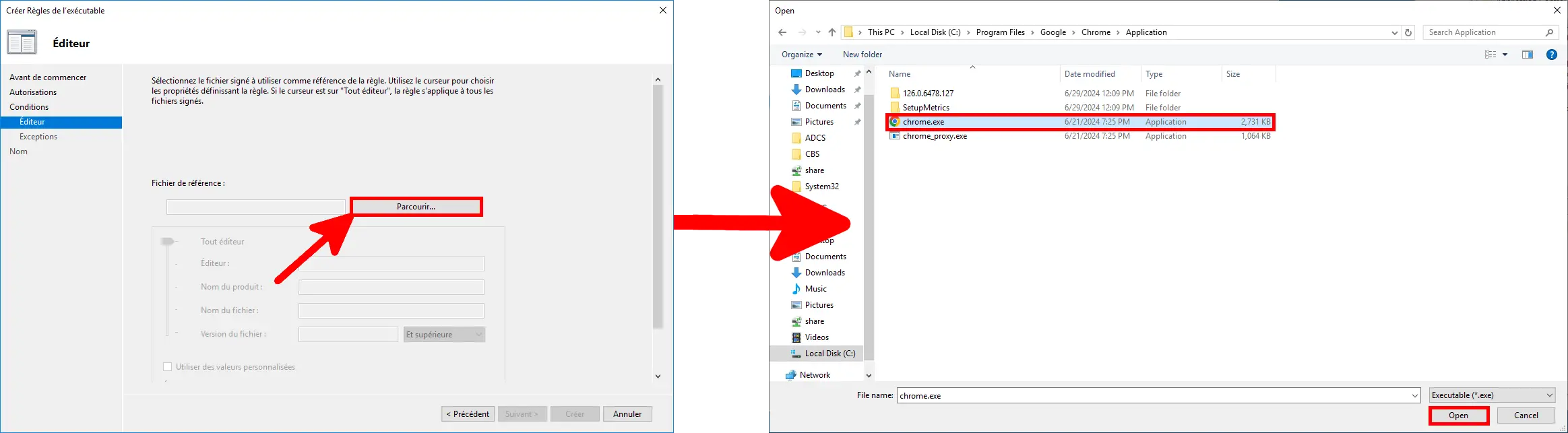 Sélection de l’exécutable servant de fichier de référence à la règle AppLocker