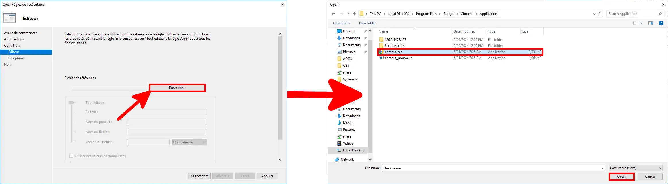 Capture d'écran de l'assistant 'Créer des règles exécutables' dans la section AppLocker de l'Éditeur de gestion des stratégies de groupe. La page 'Éditeur' est affichée avec une invite pour parcourir un fichier de référence. Une flèche pointe vers la boîte de dialogue d'ouverture de fichier où 'chrome.exe' est sélectionné et le bouton 'Ouvrir' est surligné.
