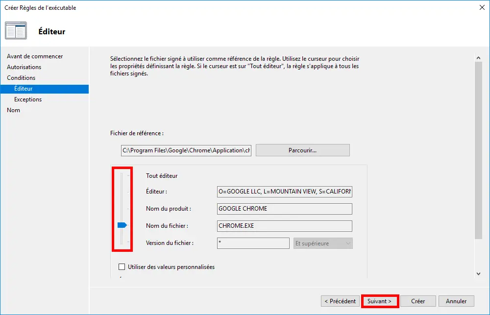 Capture d'écran de l'assistant 'Créer des règles exécutables' dans la section AppLocker de l'Éditeur de gestion des stratégies de groupe. La page 'Éditeur' est affichée avec le fichier de référence défini sur 'chrome.exe'. Le curseur est réglé pour inclure l'éditeur, le nom du produit, le nom du fichier et toute version du fichier. Le bouton 'Suivant' est surligné.