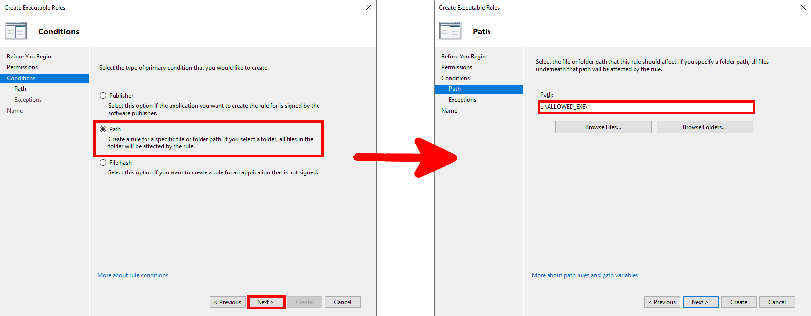 Création d’une règle AppLocker de chemin d’accès autorisant les exécutables de C:\ALLOWED_EXE\ et de ses sous-dossiers