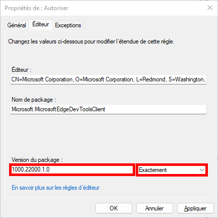 Exemple de règle AppLocker limitée à une version précise du package d’une application