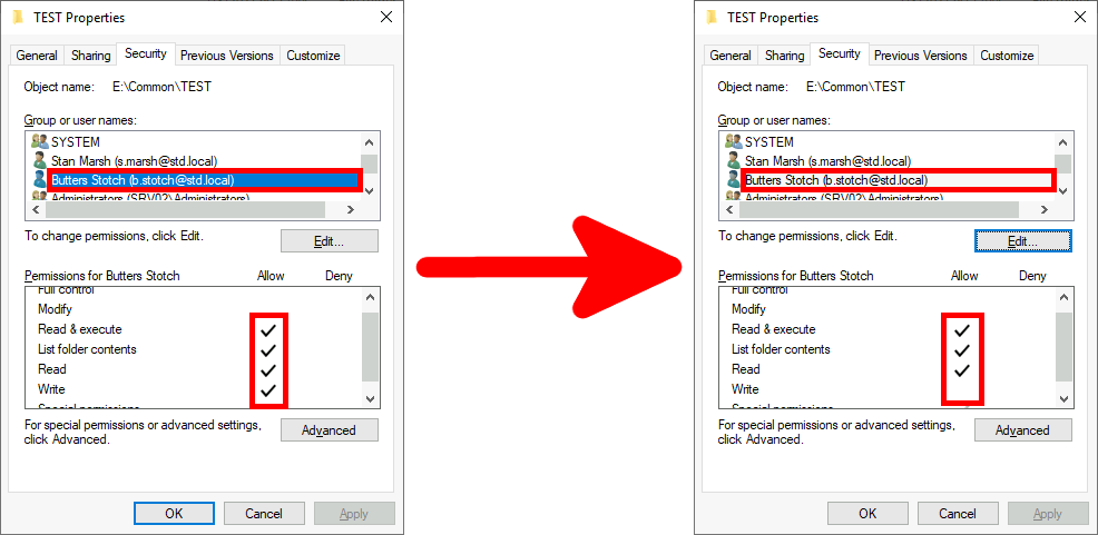 Propriétés d'un dossier Windows montrant les autorisations mises à jour pour un utilisateur spécifique, permettant l'accès à la modification, à la lecture, à l'écriture et à l'exécution.