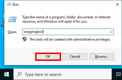 Boîte de dialogue Exécuter de Windows avec « snippingtool » saisi et le bouton « OK » mis en évidence.