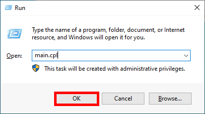 Windows Run dialog with 'main.cpl' entered and 'OK' button highlighted.