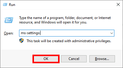 Boîte de dialogue Exécuter de Windows avec « ms-settings : » saisi et le bouton « OK » mis en évidence.