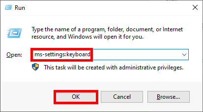 Boîte de dialogue Exécuter de Windows avec 'ms-settings:keyboard' saisi et le bouton 'OK' mis en évidence.