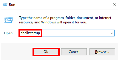 Ouverture du dossier de démarrage de Windows à l'aide de la commande shell:startup dans la boîte de dialogue Exécuter.