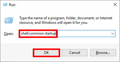 Accès au dossier de démarrage commun de Windows avec la commande shell:common startup dans la boîte de dialogue Exécuter.