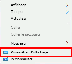 Menu de clic droit sur le bureau de Windows avec l'option « Paramètres d'affichage » en surbrillance.